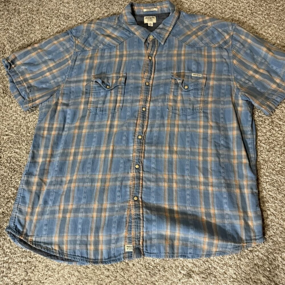 Lucky Brand Jeans Shirt Men's XXL Lined Blue Orange Plaid Classic Fit Snap